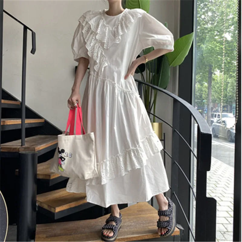 

RUGOD French Style Ruffled Lace Maxi Dress for Ladies Solid Puff Sleeve Women's Clothing Loose Chic Female Sundresses 2020