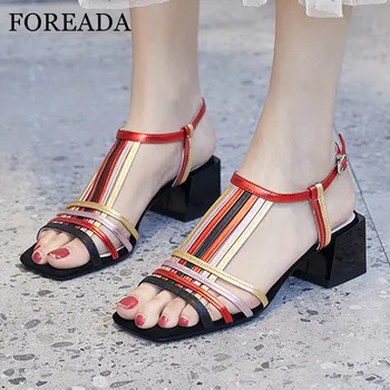

FOREADA Women Sandals Real Leather T-Strap Med Heels Mixed Color Square Toe Sandals Buckle Block Heel Ladies Footwear Black 42