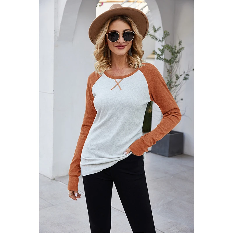 

2020 Autumn and Winter New Fashion Ladies Shirt Long Sleeve Round Neck Raglan Sleeves Cross Patch Color Matching T Shirt