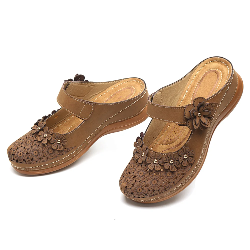 SHUJIN/женские босоножки; коллекция года; сезон лето; женская обувь ручной работы; кожаные сандалии с цветочным рисунком; женская обувь на плоской подошве в стиле ретро; женская обувь