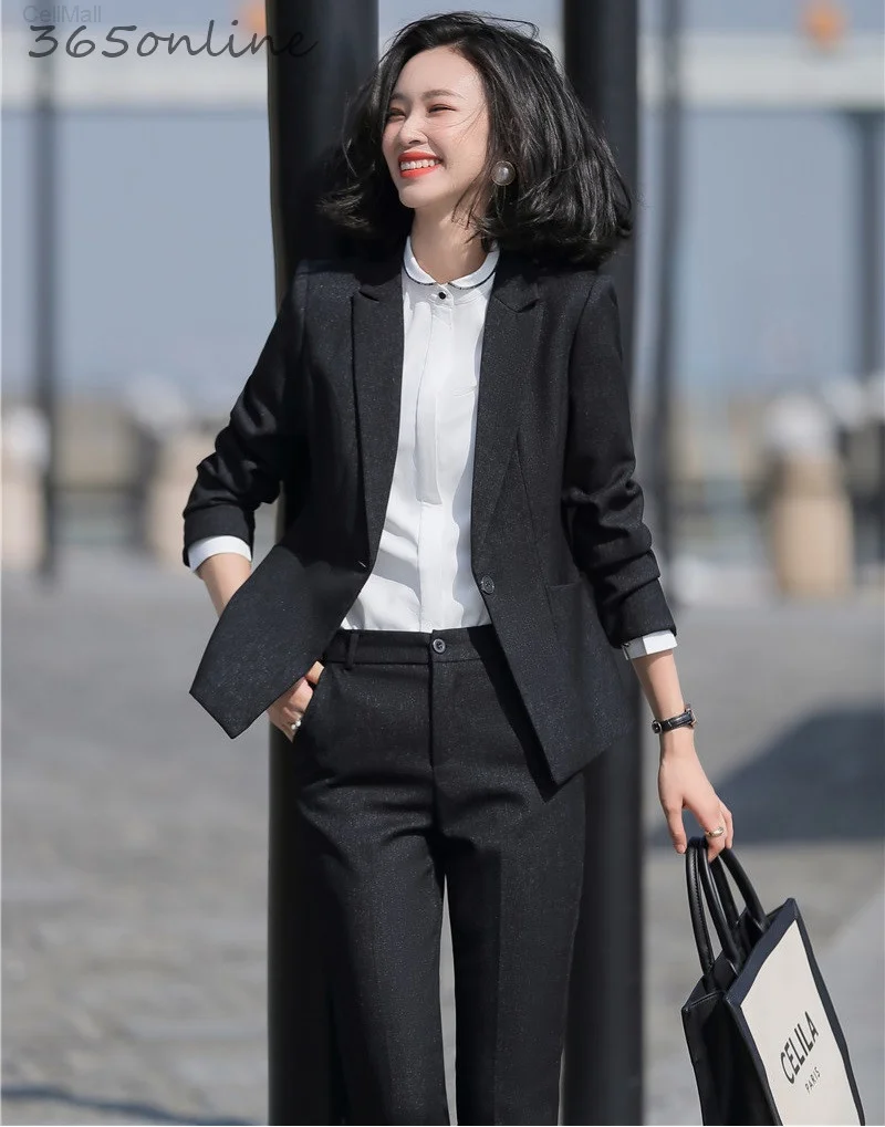 

High Quality Fabric Novelty Black Formal Professional Women Business Suits with Pencil Pants and Jackets Coat OL Styles Blazers