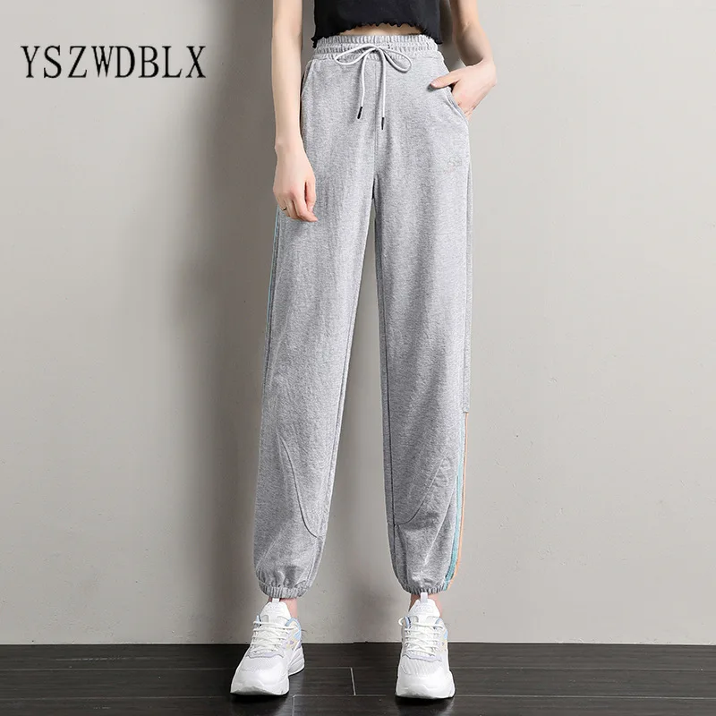 

2021 Spring Autumn Women Pants Tie Feet Thin Joggers Women Casual Loose Harem Pants Elastic Waist Sweatpants Grey Black Capris