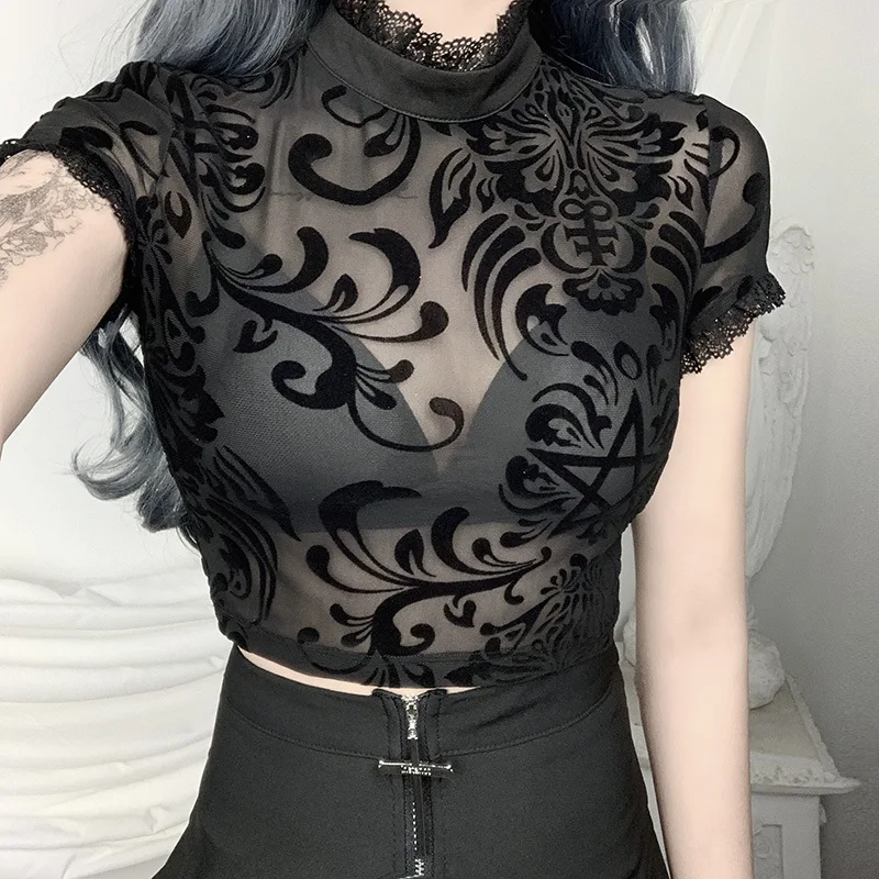

Transparent Shirts Women Lace Trim All-match Short-sleeved Sexy Gothic Top Short Sleeve Summer Black Shirt Dark Series