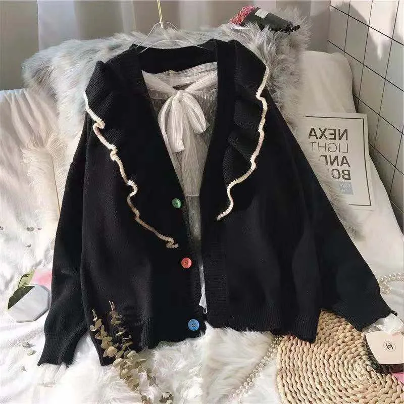 

2020 Autumn V-neck Cute Falbala Women Cardigan Sweater Feamle Single Breasted Solid Outwear Lidies Knitted Sweater Jacket