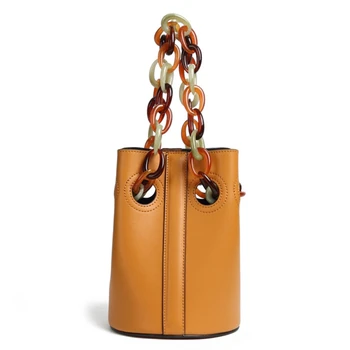 

Second Layer Cowhide Bucket Bag Women New Solid Chain Open Handbags Ladies Simple Casual Shoulder Bag Brownish Yellow