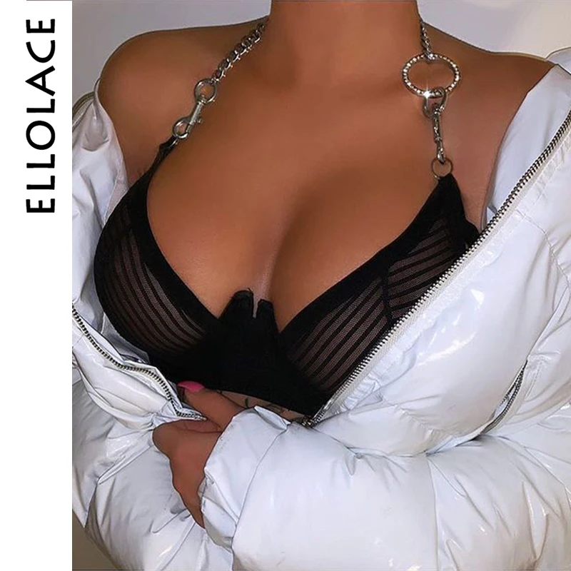 

Ellolace Sexy Mesh Underwear Set Women Strip Transparent Seamless Halter Bra and Panties Black Lingerie Sets Ladies 2019 New