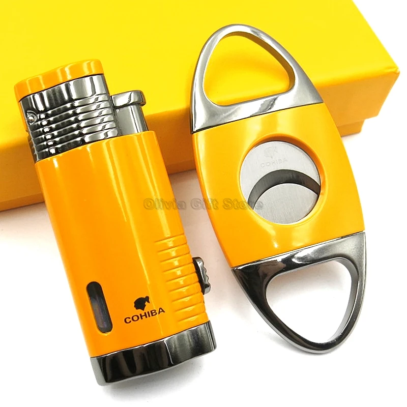 Cohiba Желтый 3 фонарь струйное пламя металлическая сигарета зажигалка для табака с