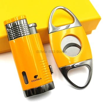 

Cohiba Yellow 3 Torch Jet Flame Metal Cigar Cigarette Tobacco Lighter W/Punch Cutter Set Windproof Men's Smoking Tool Refillable