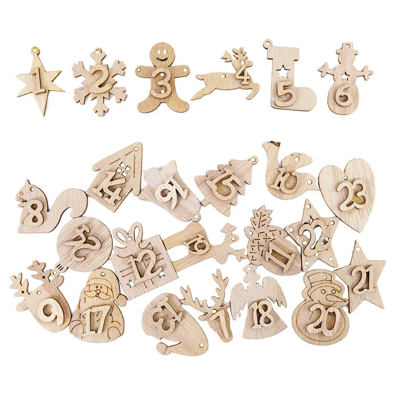 Countdown to Christmas Wooden 24Days Advent Calendar 24Pcs Ornament Decoration for Christmas Xmas Gift Tags Advent Calendar