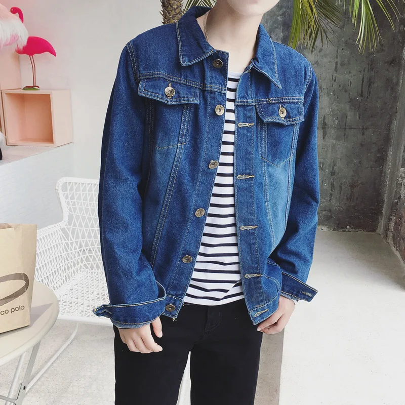 Promo Spring New Hong Kong Style Men's Outerwear Jacket Denim Jacket Solid Blue Jacket Cotton Casual College Windbreaker Jackets