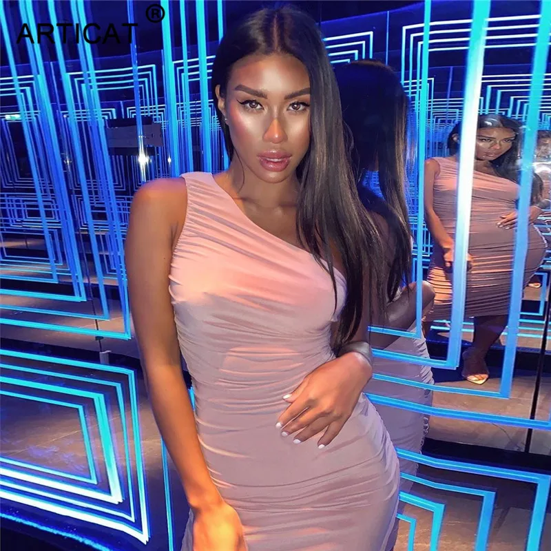 Ceny Articat jedno ramię sukienka bez rękawów kobiety Sexy wąska obcisła długość kolana sukienki w jednolitym kolorze Clubwear damskie eleganckie Vestidos