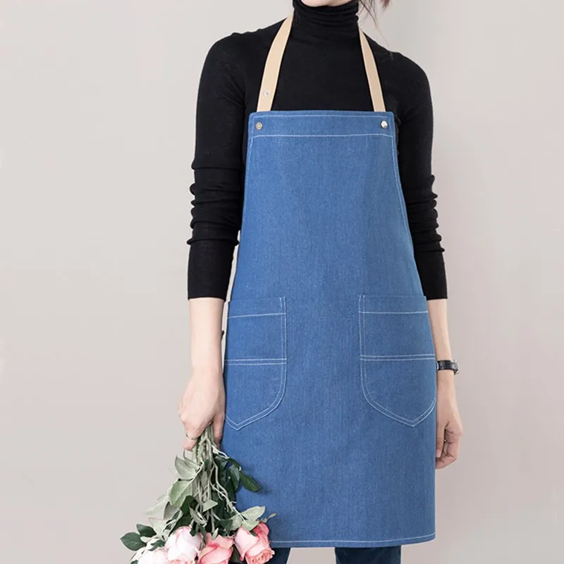 

Blue Denim Apron PU Strap Cafe Barista Bartender Pastry Chef Uniform Restaurant Bistro Florist Gardener Flower Shop Workwear K58