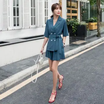 

Fashion 2 Pieces Sets Solid Women Summer Blazer Jacket & Loose Shorts Sets Female Suits OL Office Wear Women Casual 2 Pcs Suits