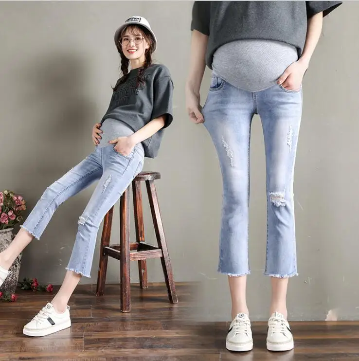 Летние джинсы для беременных женские джинсовые брюки с дырками женские брюки для беременных