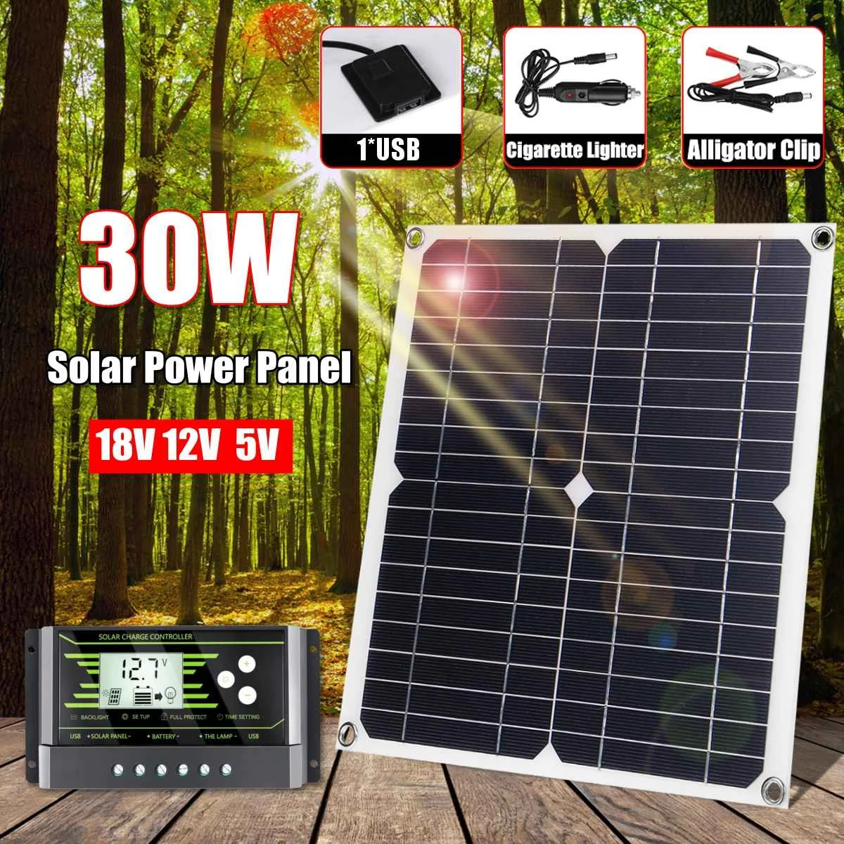 Newest 30W 18V Mono Solar Panel USB 12V/5V DC Monocrystalline Flexible Solar Charger For Car RV Boat Battery Charger