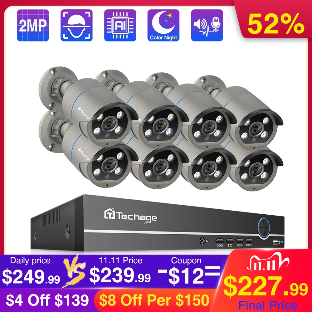 

Techage 8CH 1080P POE NVR System 2MP HD AI CCTV Camera 2-Way Audio Record MIC Speaker Waterproof Security Video Surveillance Kit
