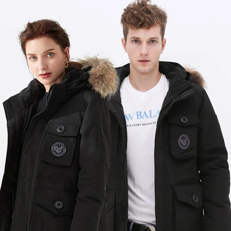 Winter New Men Thick Down Jacket Women Raccoon Fur Collar Long Military Jacket Casual Couple Warm Down Coat Streetwear 3XL - Цвет: Черный