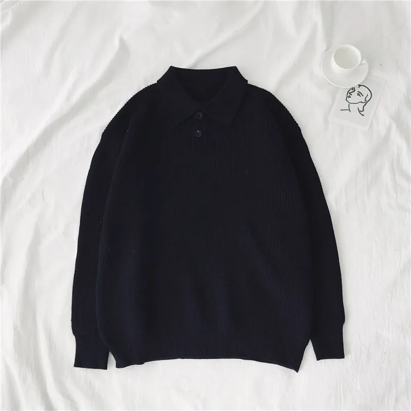 black Lapel Winter Sweater Men's Warm Fashion Solid Color Casual Knit Sweater Man Wild Loose Long-sleeved Pullover Male Clothes - Color: black