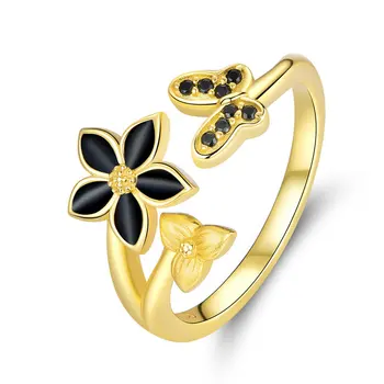 

Silver 925 Jewelry Black Enamel Flower and Butterfly Open Finger Ring Female Gold Color Plated Fashion Jewelry CTS087