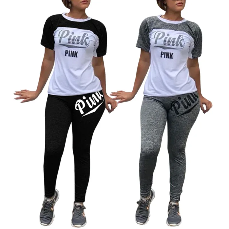 

Sexy Pink Letter Casual 2 Piece Outfit Summer Tracksuit O Neck Short Sleeve Tops And Solid Fit Slim Long Pants Lady Streetwear