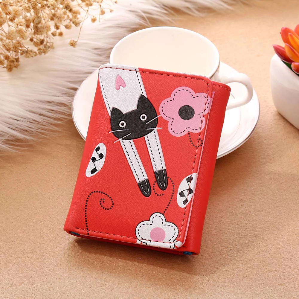 Fashion Charming Nice Women Short Wallet Cat Flowers Pattern Hasp Coin Purse Short Wallet Card Holders Handbag 815