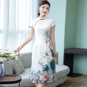 

Summer Chinese Style Retro Cheongsam Short Qipao Vinatge Painting Printed Traditional Dress for Women Girl Short Sleeve Qi Pao