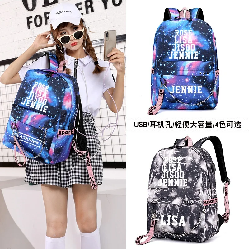 Blackpin Backpack Girl JISOO JENNIE ROSE LISA School Bags Girl South Korea USB Charging Schoolbag
