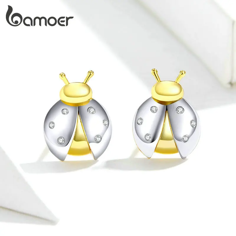 

bamoer Insert Funny Ladybug Stud Earrings for Girl Biocolor 925 Sterling Silver Ear Stud Jewelry Women Accessories GXE730