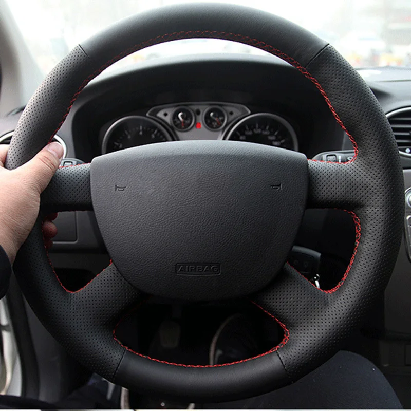 Черный чехол рулевого колеса автомобиля из искусственной кожи для Ford Focus 2 2005 2016