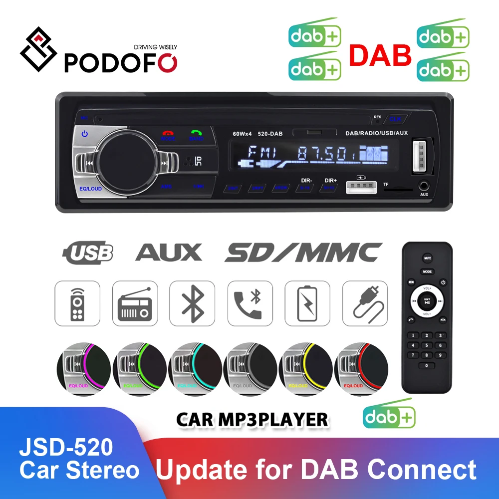 Автомагнитола Podofo Dab стерео FM радио Aux вход приемник SD USB JSD 520 12V In Dash 1 Din Bluetooth MP3