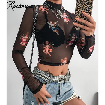 

Rockmore Angel Print Mesh T Shirt Women See Through Long Sleeve Crop Top Turtleneck Black Transparent Basic Tshirt Streetwear