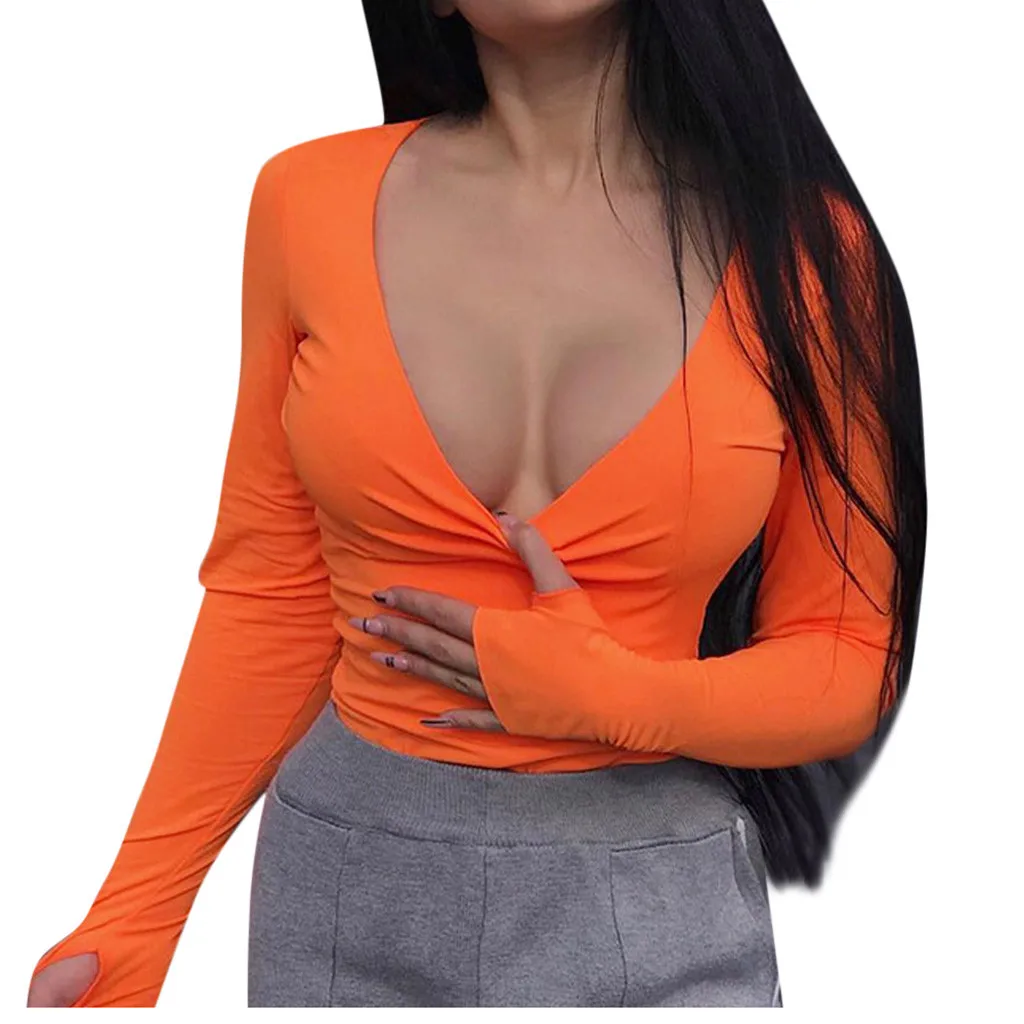 

Women's Sexy Winter Blouse Autumn Slim Tops Solid Deep V Neck Blouses Pure Tight Long Sleeve Top Blouse Vetement Femme 2019 BL#