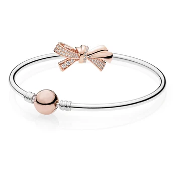 

Fashion S925 Sterling Silver Brilliant Bow Bracelets Bangles Set Fit Original Pandoras DIY Charm Beads Gift High Quality Jewelry