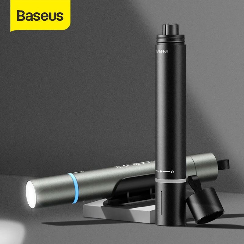 Baseus LED Flashlight USB Rechargeable Waterproof Torch 2200mAh Portable Car Safety Hammer Window Breaker Emergency Savior