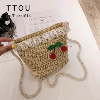 

Summer Cute Cherry Girls Shoulder Bag Straw Female Solid Casual Women Tote Handbags Messenger Bag Mini Ladies Travel Bags