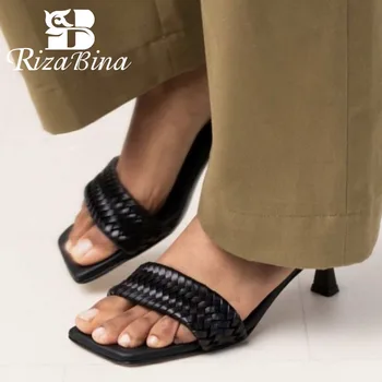

RIZABINA New Fashion Women Real Genuine Leather Sandals High Quality Shoes Open Toe Thin Heel Slip On Ladies Footwear Size 34-40