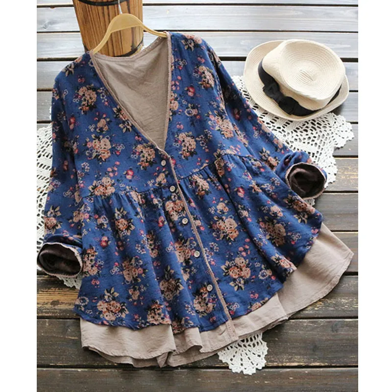 Осенняя женская блузка с цветочным принтом винтажная кружевная рубашка с v-образным вырезом на пуговицах из хлопка и льна женские топы Свободные blusa feminina кардиган L-5XL