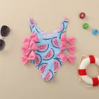 Newborn One-piece Swimsuit, Baby Girl Watermelon Print U-shaped Neck Swimwear with Bowknot 0-4T 2
