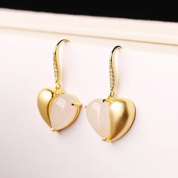 

SNew silver inlaid natural Hetian white jade earrings creative jewelry heart-shaped cute romantic charm women's brand jewelry