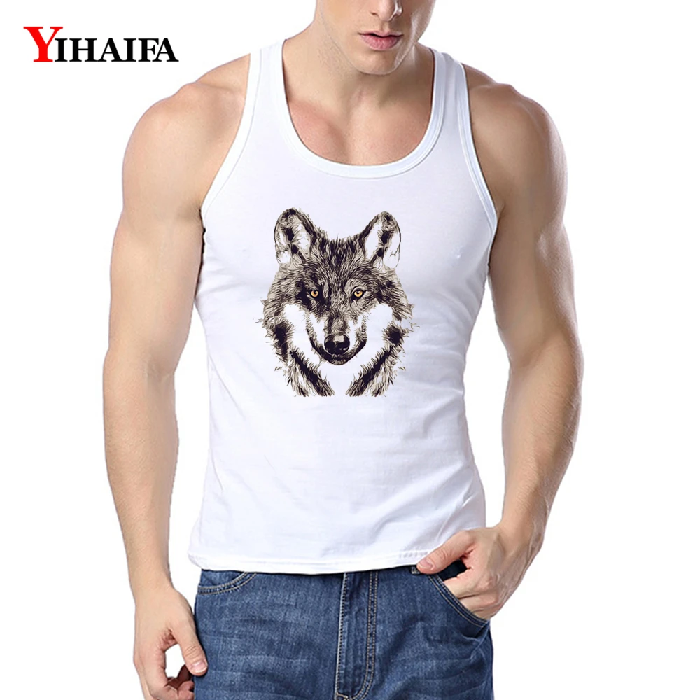 

YIHAIFA Men Gym Clothing Harajuku Wolf Singlet Bodybuilding Fitness Muscle Shirt Mens Workout Shirts White Tank Top