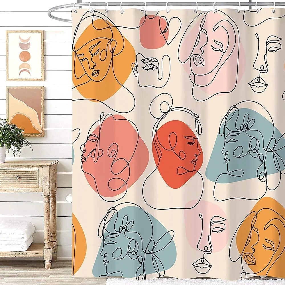 

Minimalist Aesthetic Shower Curtain Terracotta Abstract Face Line Bath Curtains Waterproof Polyester Bathroom Decor with Hooks