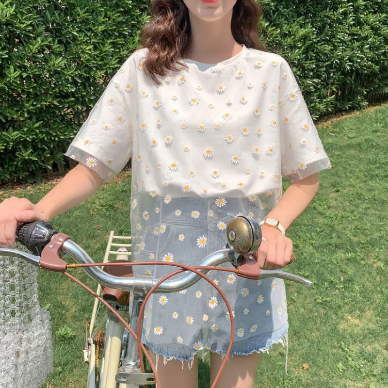 Korean Fashion Sweet Mesh Daisy T-shirt for Women Ins Loose Girl Student Joker Tops 2020 Summer Short Sleeve Streetwear Clothing