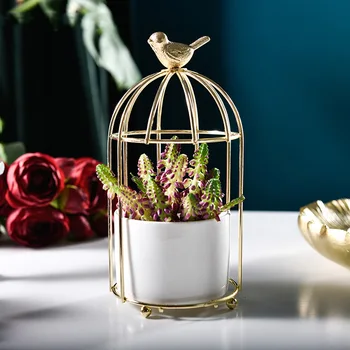

Luxury Iron Ceramic Flowerpot Birdcage Iron Frame Vase Fleshy Green Plant Artificial Flower Decoration Storage Ornaments
