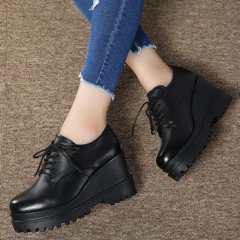 Spring Autumn Fashion Women Genuine Leather Casual Lace-up Platform Wedges  Pumps Lady Black With Heels Fall Shoes