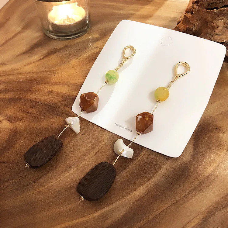 AOMU S925 Sterling Silver Pin New Resin Acrylic Colorful Long Shell Stone Wood Dangle Drop Earrings for Women Girl Jewelry Gift