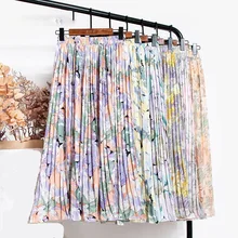 

New 2021 Vintage Floral Printed Tulle Pleated Mi-long Women Skirts High Waist Loose Female Umbrella Skirts Spring Summer
