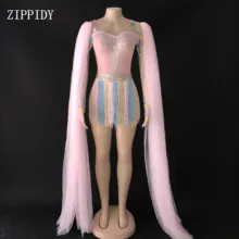 Розовый сетчатый стразы кисточкой боди с длинным рукавом сценический танец многоцветный бахрома костюм ночной клуб танец певица симпатичный гимнастический купальник