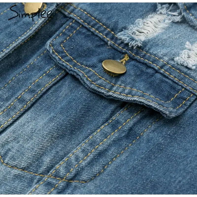 Simplee Fashion ripped denim jacket women Long sleeve buttons pocket female long jeans coat Streetwear plus size ladies jackets