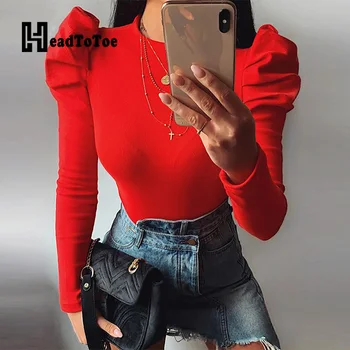

Puffed Sleeve Solid Ribbed Bodysuit