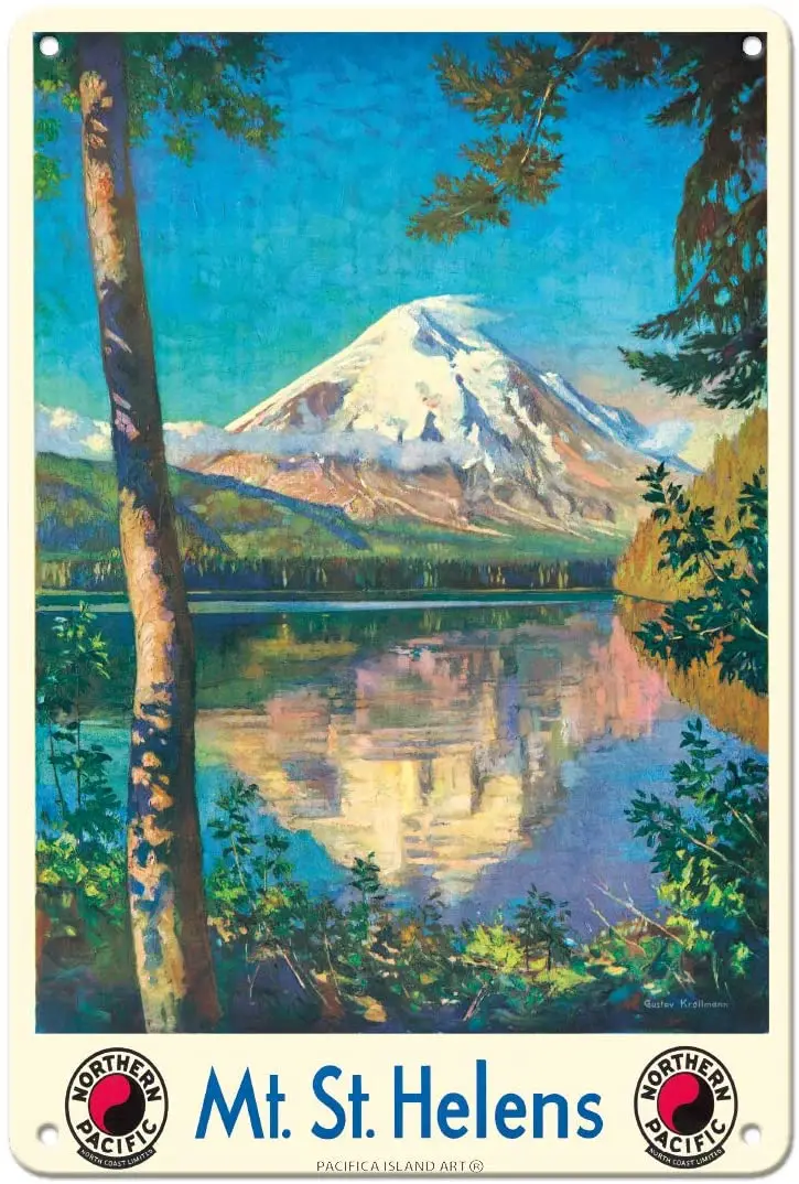 Pacifica Island Art Mt. St. Helens - Spirit Lake, Washington Cascade Mountain - Vintage Railroad Travel Poster Di Gustav Gum